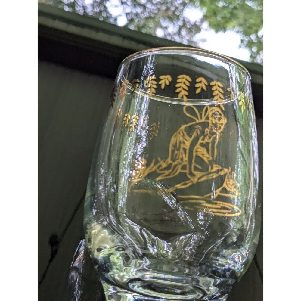 White Rock Tumblers Set 4 Nymph Fairy VTG GingerAle Gold Paint Glass MCM 50s 60s